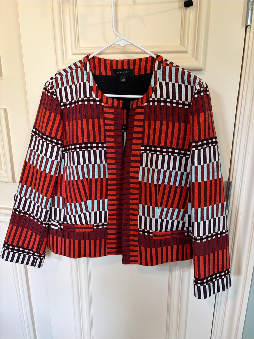 Ann Taylor Red, Burgundy & Light Blue Striped Open-Front Jacket